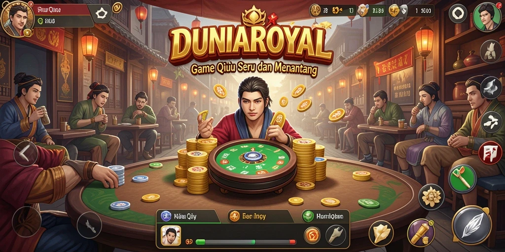 Screenshot gameplay seru DUNIAROYAL menampilkan aksi QiuQiu.