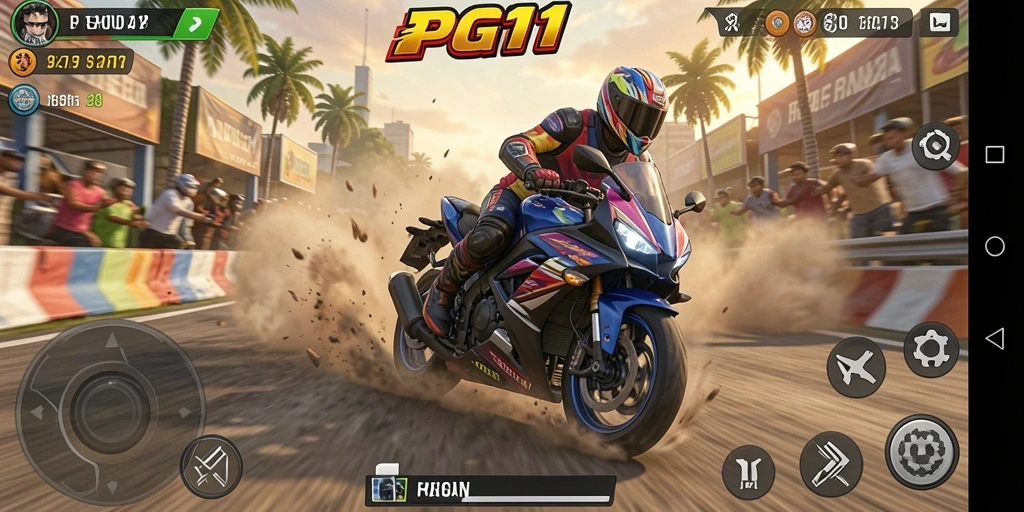Screenshot gameplay PG11 yang menunjukkan aksi balapan motor yang mendebarkan.