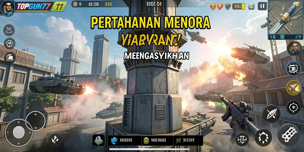 Screenshot utama menunjukkan aksi seru dalam strategi Tower Defense.